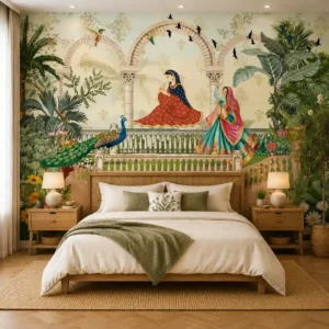 Royal Indian palace garden wallpaper featuring Rajasthani women, peacock, tropical plants, stone arches, and botanical mural design for luxury bedroom décor.