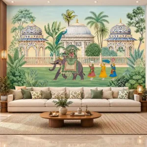 Royal Indian palace procession wallpaper featuring a decorated elephant, Mughal architecture, peacock, tropical gardens, and traditional heritage mural artwork for luxury interiors.