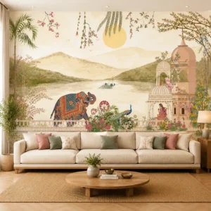 Royal Indian landscape wallpaper featuring a decorated elephant, peacock, palace pavilion, botanical garden, lake, mountains, and heritage mural artwork for luxury interior décor.