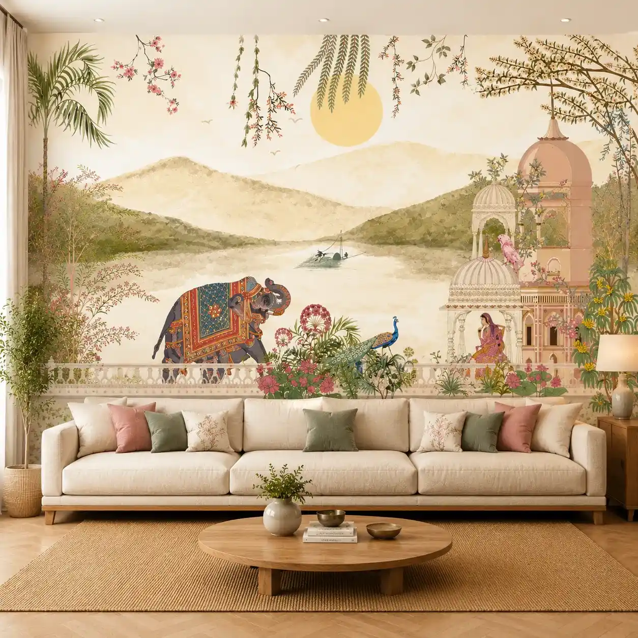 Royal Indian Palace Wallpaper – Elephant & Peacock Garden 1 Royal Indian landscape wallpaper featuring a decorated elephant, peacock, palace pavilion, botanical garden, lake, mountains, and heritage mural artwork for luxury interior décor.