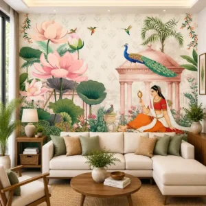 Royal Lotus Garden Wallpaper – Indian Heritage Peacock Mural