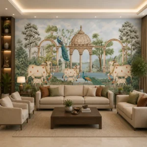 Buy premium Window Blinds & Wallpaper Online at Best Price in India 72 Royal peacock and sacred cow wallpaper mural featuring Indian palace architecture, garden landscape, arches, pavilion, and heritage-inspired wall art