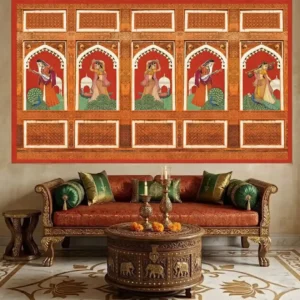 Royal Rajasthani wallpaper featuring Mughal-style arches with traditional Indian women musicians, dancers, peacock motifs, and heritage palace-inspired artwork.