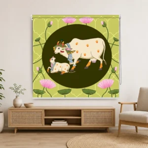 Sacred Cow & Calf Lotus Roller Blind for Temple or Mandir