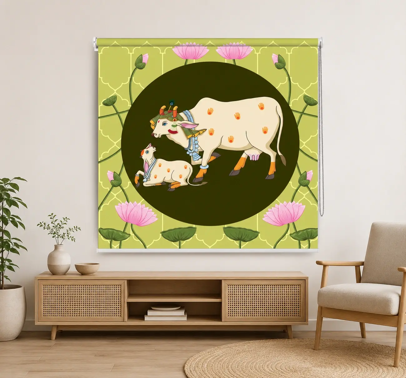 Sacred Cow & Calf Lotus Roller Blind for Temple or Mandir 1 Sacred Cow & Calf Lotus Roller Blind for Temple or Mandir