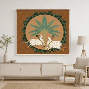 Sacred Cows Under Palm Tree Pichwai Roller Blind for Mandir