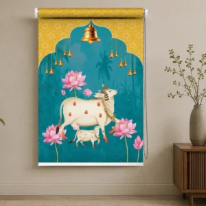 Sacred Kamdhenu Cow & Lotus Roller Blind for Pooja Room