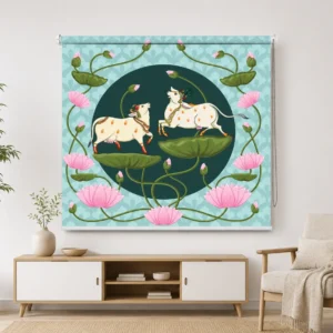 Sacred Lotus Kamadhenu Cow Roller Blind with Indian Floral Art