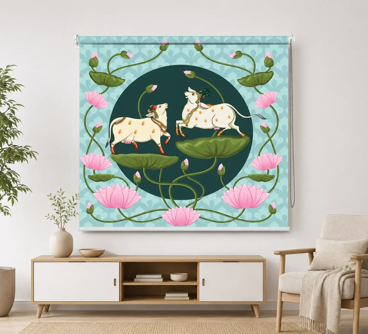 Sacred Lotus Kamadhenu Cow Roller Blind with Indian Floral Art 1 Sacred Lotus Kamadhenu Cow Roller Blind with Indian Floral Art