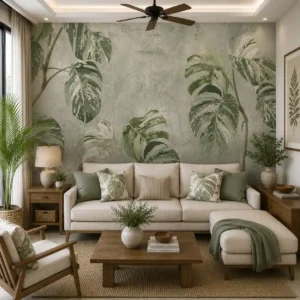 Modern tropical wallpaper featuring oversized sage green Monstera leaves and botanical foliage on a textured neutral background for elegant contemporary interiors.