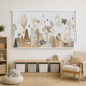 Scandinavian Adventure Roller Blind with Air Balloon & Storybook Village