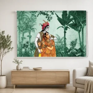 Spiritual, Radha Krishna Tropical Forest Roller Blind for Temple