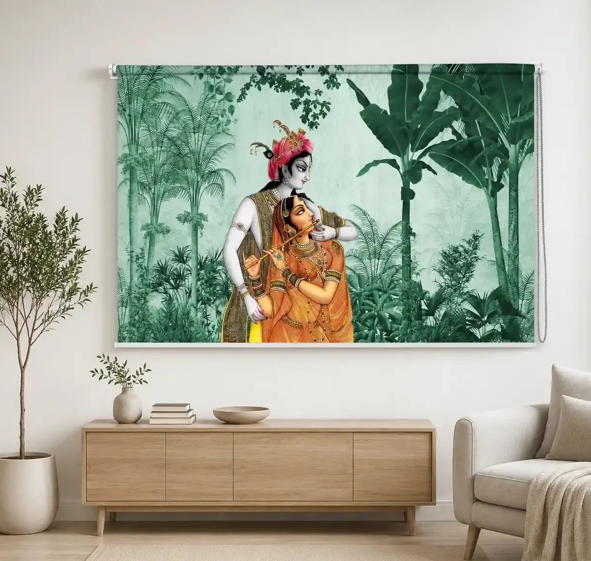 Spiritual, Radha Krishna Tropical Forest Roller Blind for Temple 1 Spiritual, Radha Krishna Tropical Forest Roller Blind for Temple