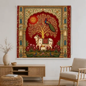 Traditional Indian Heritage Roller Blind with Sacred Cow, Tree & Peacock Design