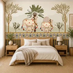 Traditional Indian Pichwai wallpaper featuring decorated sacred cows, trees, tropical foliage, and heritage-inspired artwork in earthy beige and green tones for a luxury bedroom feature wall.