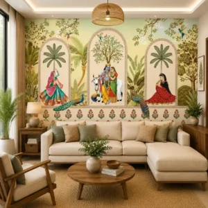 Traditional Indian heritage wallpaper featuring Radha Krishna artwork with palace arches, peacocks, palm trees, botanical motifs, and floral borders in a luxury wall mural design.