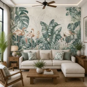 Tropical Flamingo Botanical Wallpaper with Palm Leaf Jungle