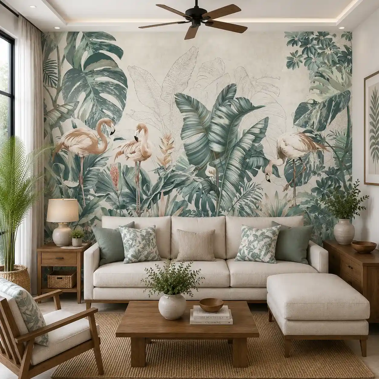 Tropical Flamingo Botanical Wallpaper with Palm Leaf Jungle 1 Tropical Flamingo Botanical Wallpaper with Palm Leaf Jungle