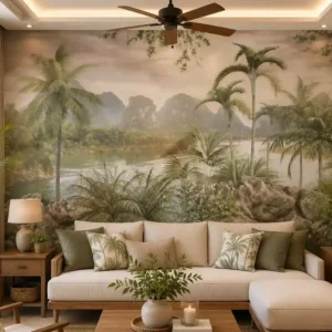 Tropical Lake & Palm Paradise Wallpaper – Scenic Botanical Landscape Wall Mural with Mountains and Lush Greenery