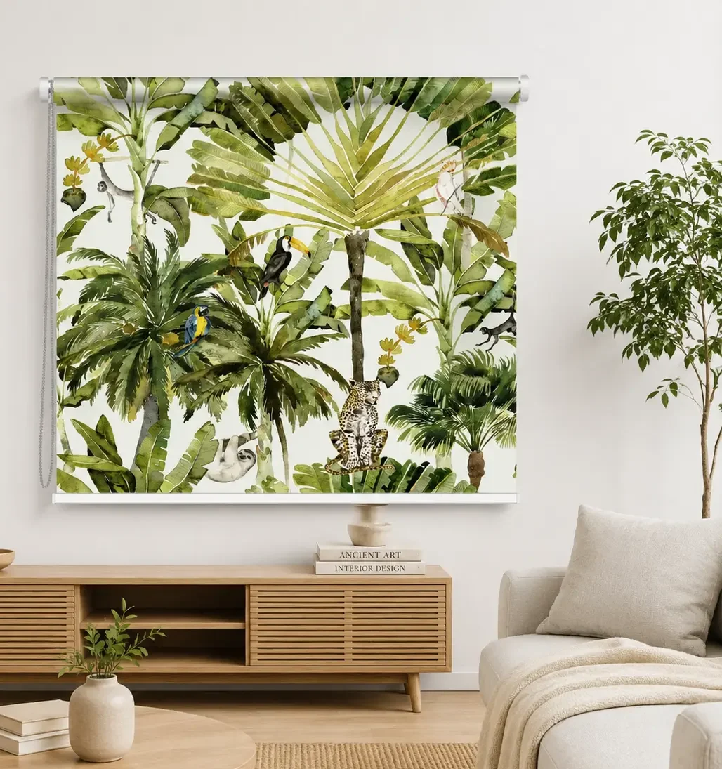Tropical Paradise Wildlife Roller Blind – Toucan & Leopard Jungle Scene 1 Tropical Paradise Wildlife Roller Blind – Toucan & Leopard Jungle Scene