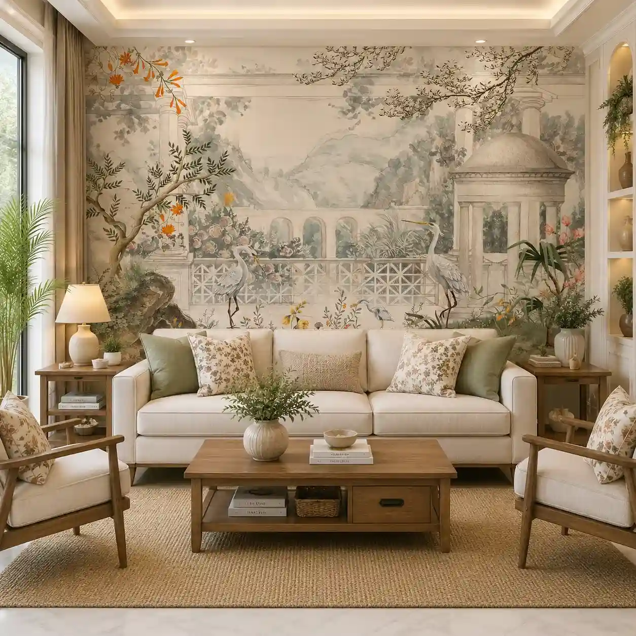 Botanical Landscape, Vintage Garden Pavilion Wallpaper 1 Vintage Garden Pavilion Wallpaper – Elegant Botanical Landscape Wall Mural with Herons & Classical Architecture