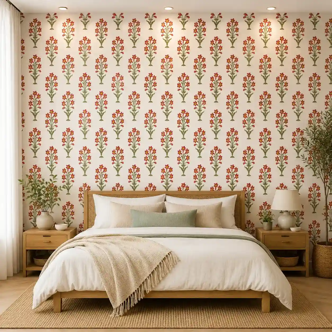 Vintage Red Floral Block Print Wallpaper – Traditional Botanical Design 1 Vintage floral wallpaper featuring repeating red botanical block print motifs with green stems on an ivory background for elegant bedroom and living room décor.