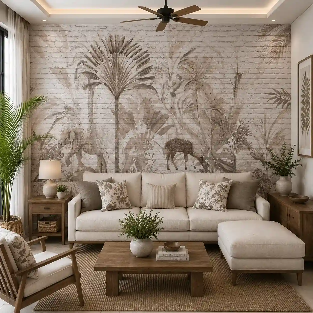 Vintage Sepia Tropical Jungle Wallpaper 1 Vintage Sepia Tropical Jungle Wallpaper – Rustic Botanical Wildlife Brick Effect Wall Mural for Modern Interiors