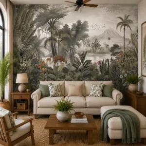 Vintage Tropical Rainforest Wildlife Wallpaper – Scenic Jungle Landscape Wall Mural with Deer & Botanical Nature Design