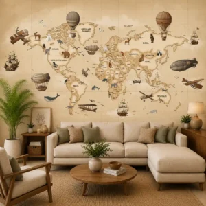 Buy premium Window Blinds & Wallpaper Online at Best Price in India 16 Vintage world map wallpaper featuring antique-style global map with hot air balloons, airships, sailing ships, vintage airplanes, and wildlife illustrations in sepia tones.