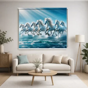 7 Running White Horses Printed Roller Blind