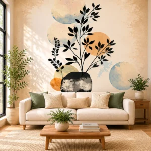 Abstract Botanical Black Leaf Vase Wallpaper