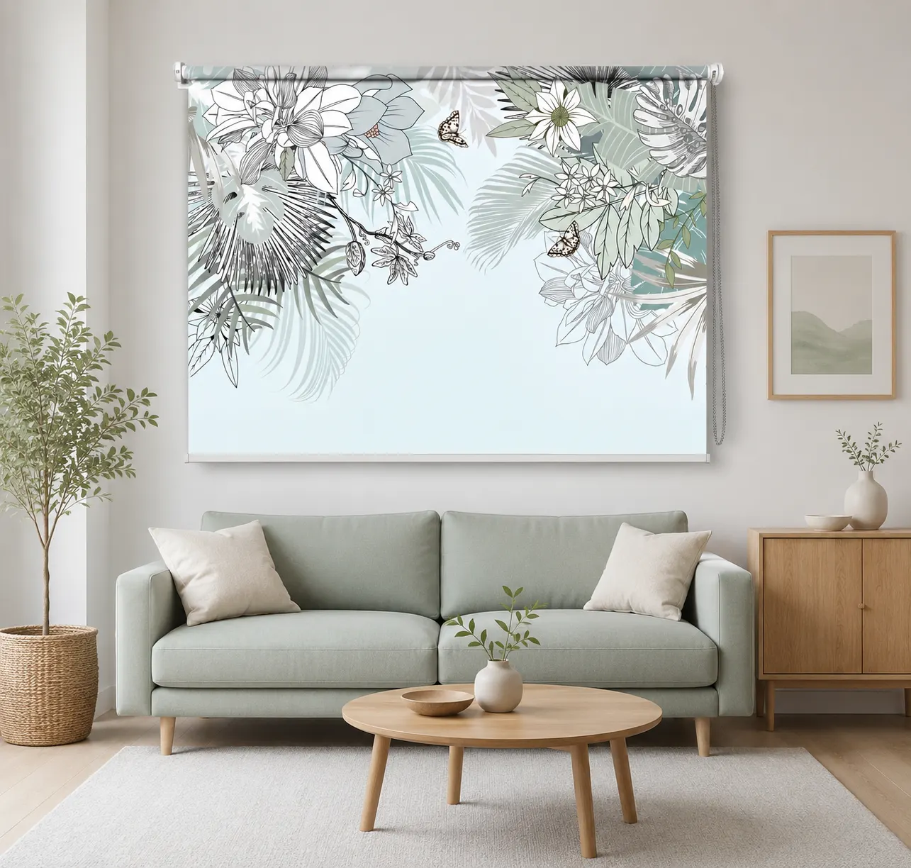 Botanical Tropical Blue & Sage Leaf Print Floral Roller Blind 1 Botanical Tropical Blue & Sage Leaf Print Floral Roller Blind