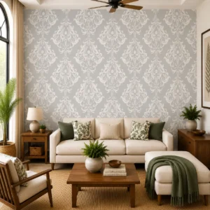 Classic Grey Damask Floral Pattern Wallpaper