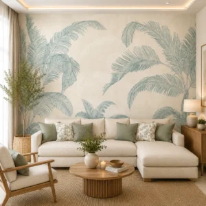 Coastal Tropical Minimal Blue Palm Leaf Wallpaper