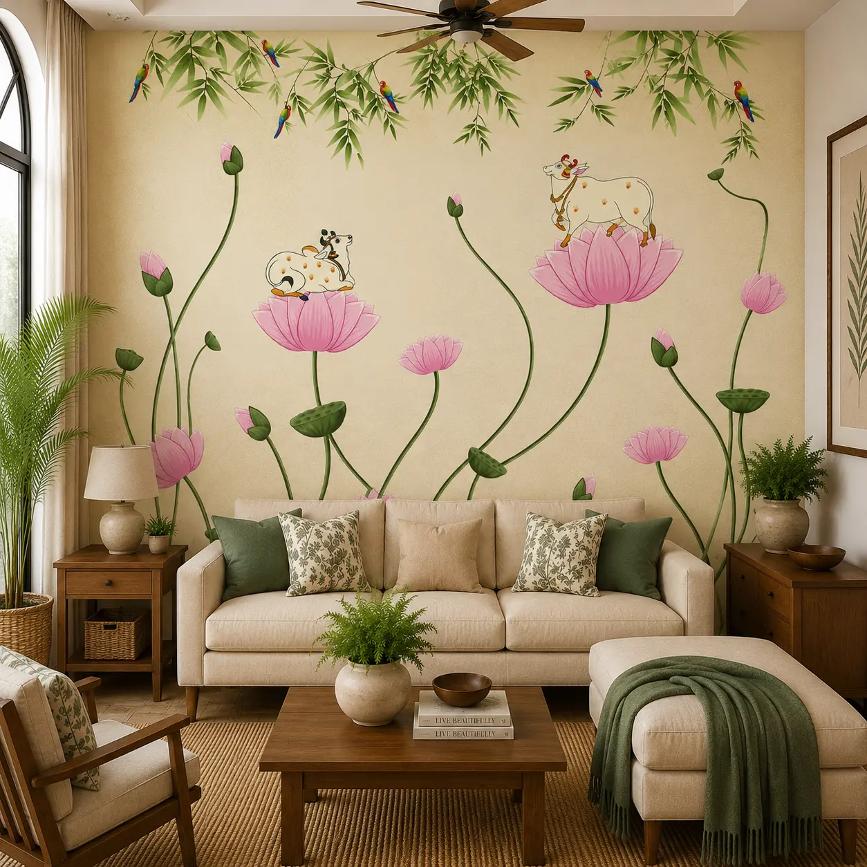 Lotus & Sacred Cow Indian Heritage Floral Wallpaper for Pooja Room 1 Lotus & Sacred Cow Indian Heritage Floral Wallpaper