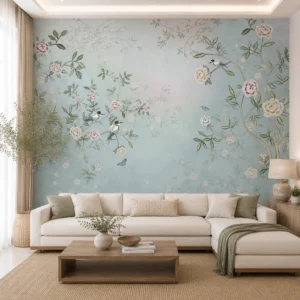 Luxury Chinoiserie, Vintage Blue Floral & Bird Wallpaper