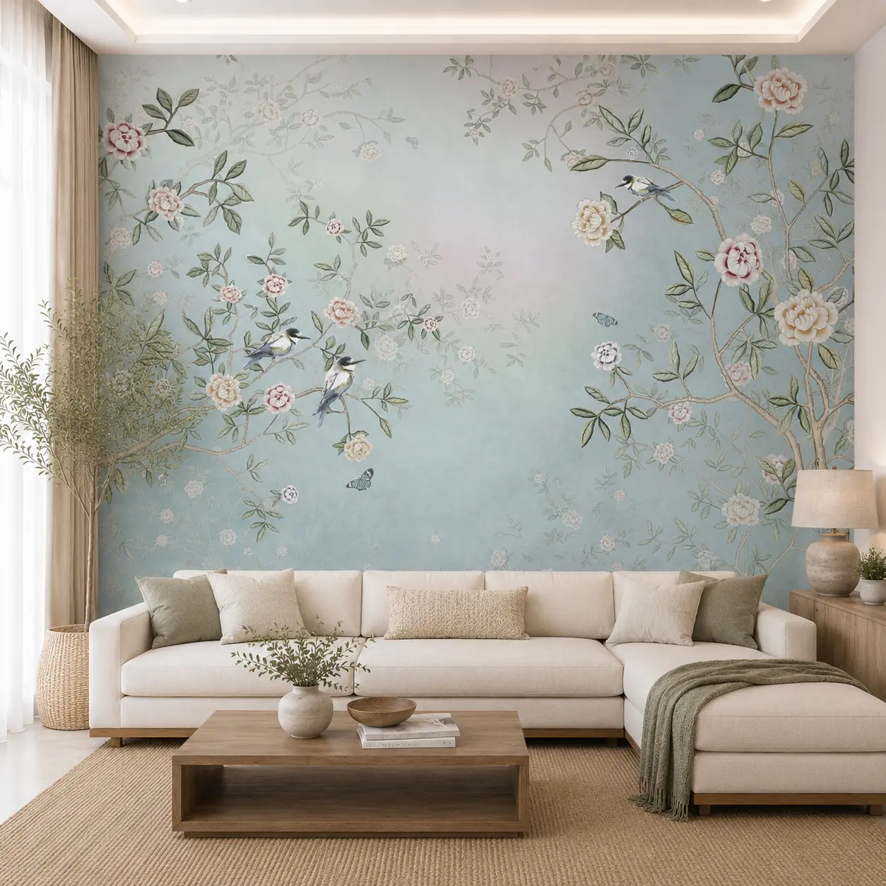 Luxury Chinoiserie, Vintage Blue Floral & Bird Wallpaper 1 Luxury Chinoiserie, Vintage Blue Floral & Bird Wallpaper