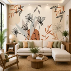 Minimalist Floral Line Art Wall Mural Wallpaper