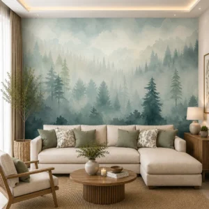 Misty Evergreen Forest Wallpaper with Watercolor Pine Landscape