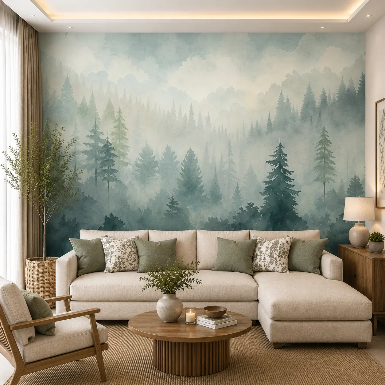 Misty Evergreen Forest Wallpaper with Watercolor Pine Landscape 1 Misty Evergreen Forest Wallpaper with Watercolor Pine Landscape