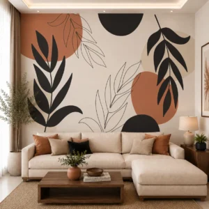 Modern Abstract Black Leaf & Terracotta Design Wallpaper