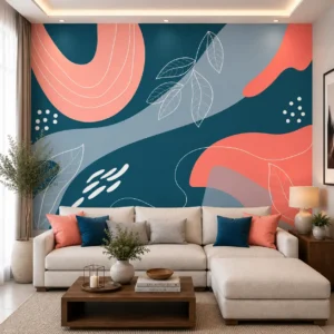 Modern Abstract Botanical Wallpaper with Coral & Teal Leaf Design