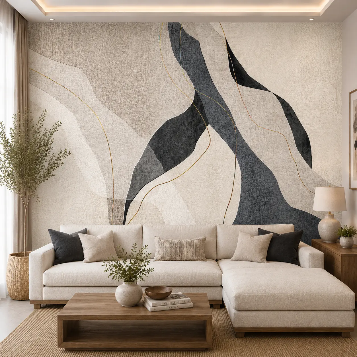 Modern Abstract Geometric Black & Beige Gold Line Art Wallpaper 1 Modern Abstract Geometric Black & Beige Gold Line Art Wallpaper