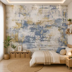 Modern Abstract Texture Wallpaper with Blue, Beige & Gold colors