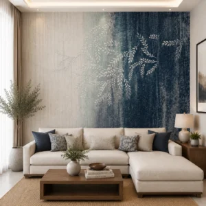 Modern Navy & Beige Leaf Design Botanical Ombre Wallpaper