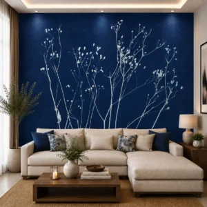 Navy Blue Botanical Wallpaper, Minimalist Wildflower
