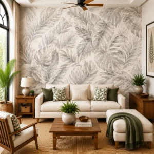 Neutral Tropical Monstera & Palm Leaf Botanical Wallpaper