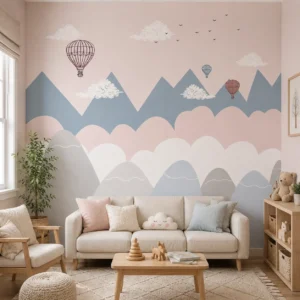 Pastel Mountain Adventure Kids Wallpaper with Hot Air Balloon & Cloud Designs