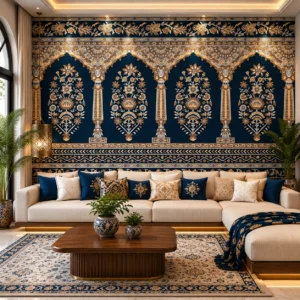 Royal Indian Mughal Arch Floral Wallpaper with Ornamental Gold Botanical Design