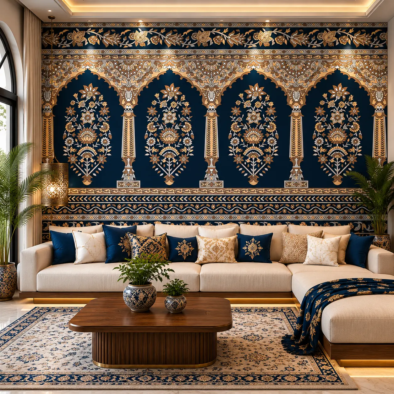 Royal Indian Mughal Arch Floral Wallpaper with Ornamental Gold Botanical Design 1 Royal Indian Mughal Arch Floral Wallpaper with Ornamental Gold Botanical Design